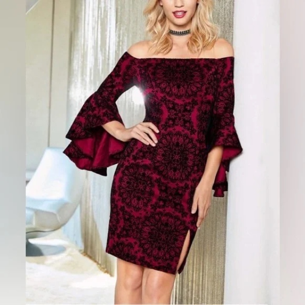 Venus Off Shoulder Fitted Flocked Velvet Mini Dress Damask Medallion Burgundy 4‎
